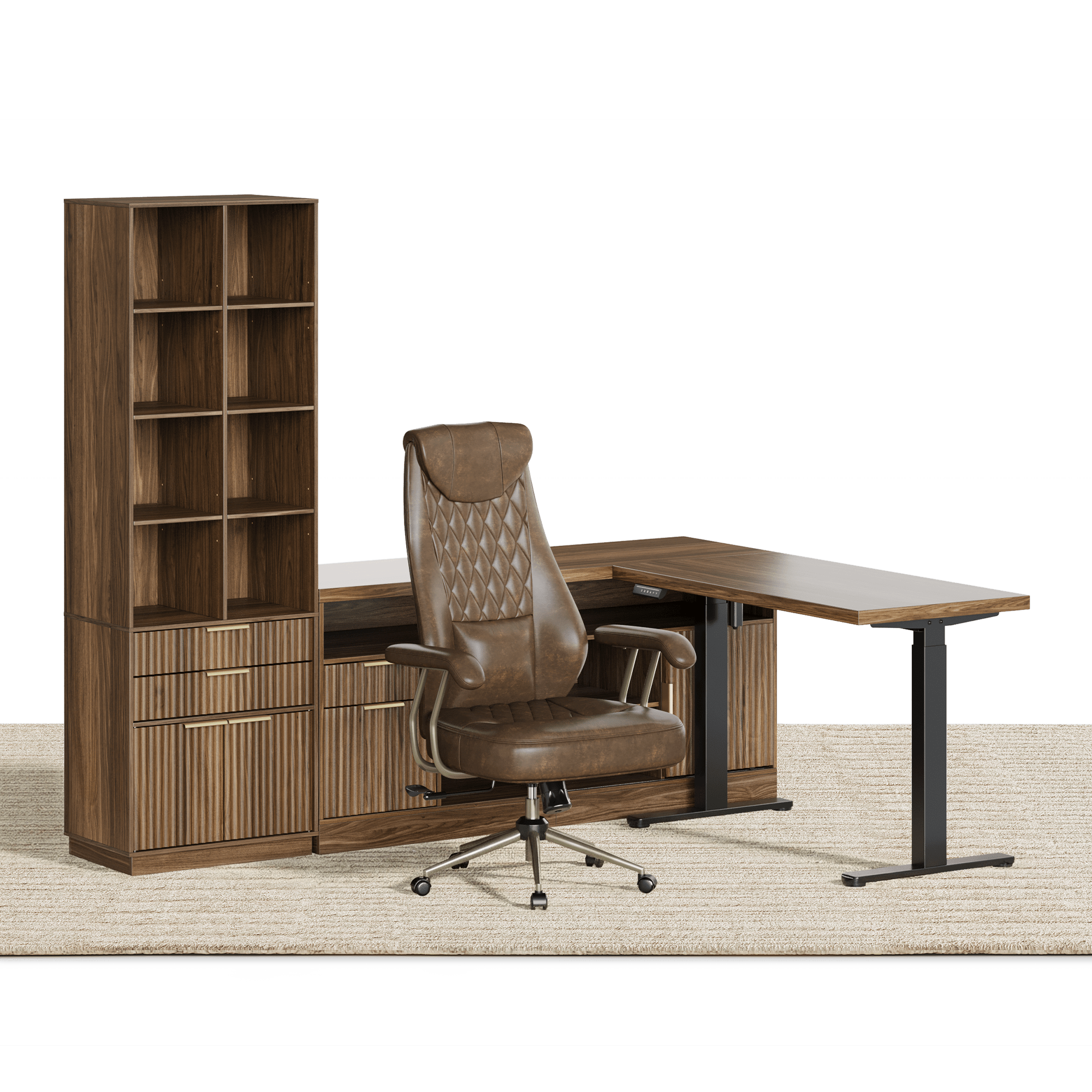 67" Premium Executive Standing Desk + Luna Extra Wide Chair + 73" Tall Fluted Bookshelf with Drawers & Doors/ Fluted - Dark Walnut - 
