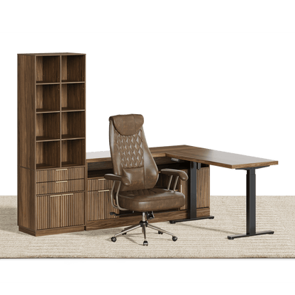 67" Premium Executive Standing Desk + Luna Extra Wide Chair + 73" Tall Fluted Bookshelf with Drawers & Doors/ Fluted - Dark Walnut - 