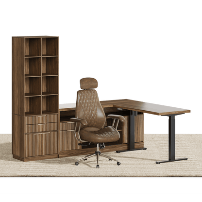 67" Premium Executive Standing Desk +Stella Advanced Ergonomic Chair + 73"Tall Fluted Bookshelf with Drawers & Doors/ Fluted - Dark Walnut - 