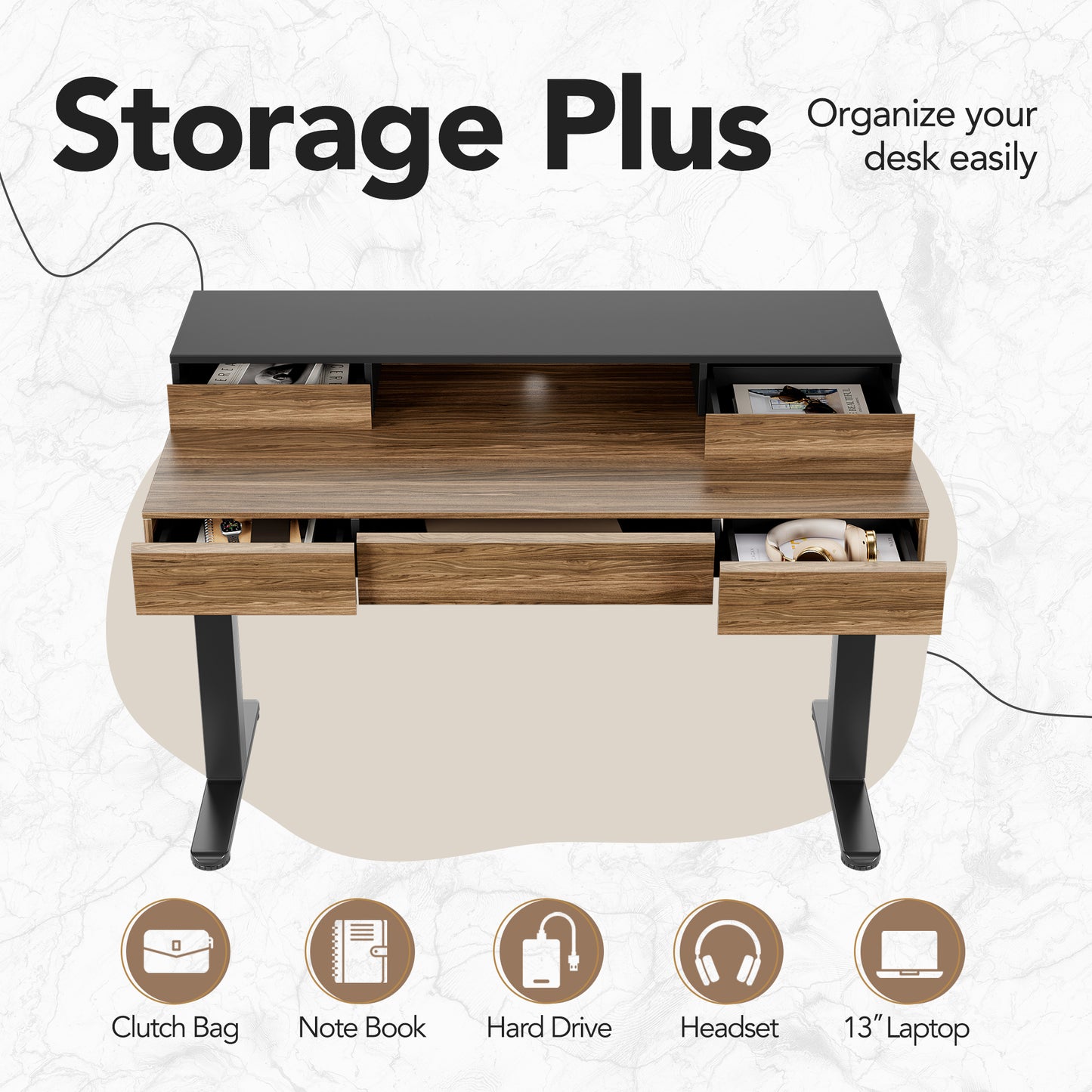 Whole-piece Desktop Standing Desk with 5 Drawers