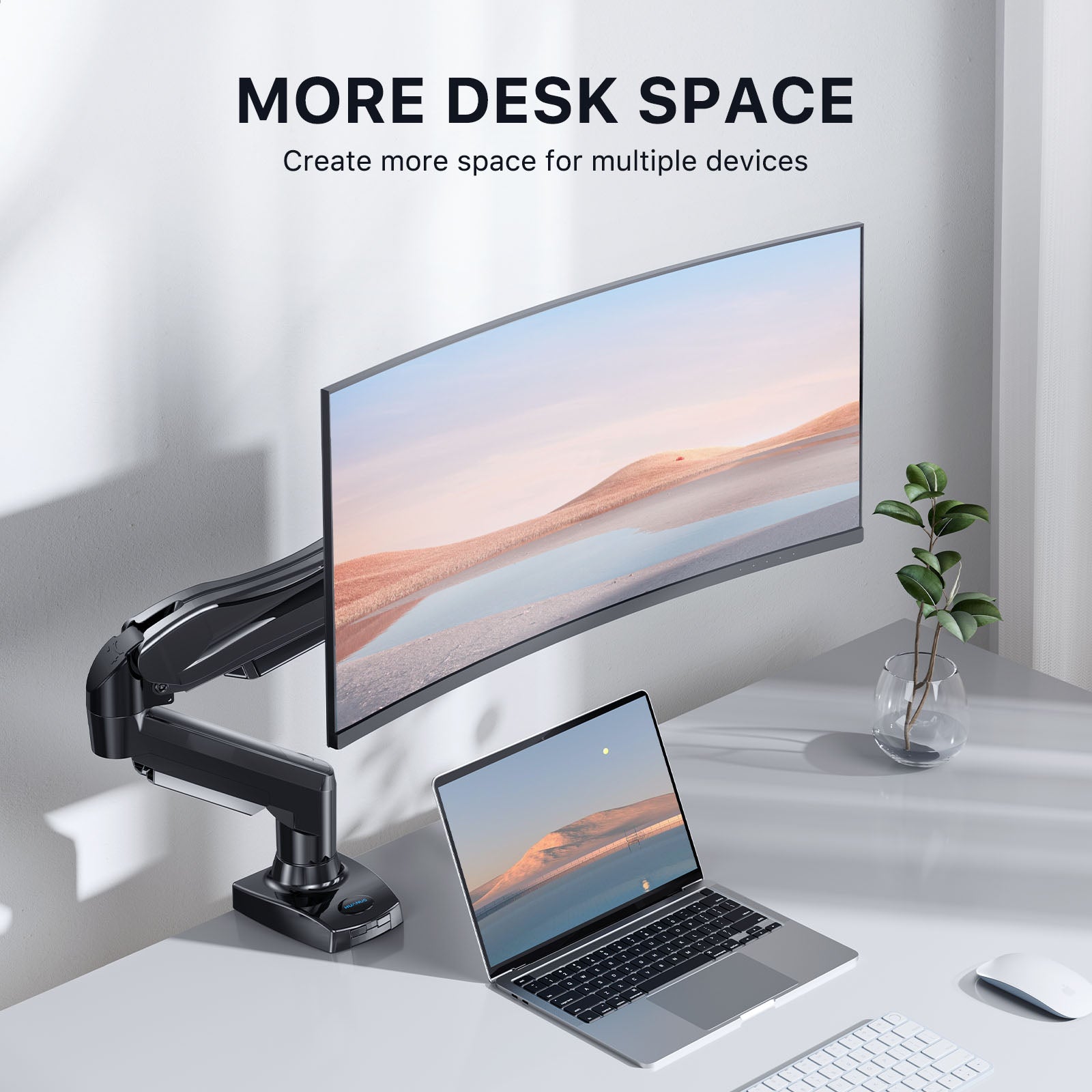 HUANUO HNSS6 Single Monitor Mount freeing up desk space for laptop and curved monitor