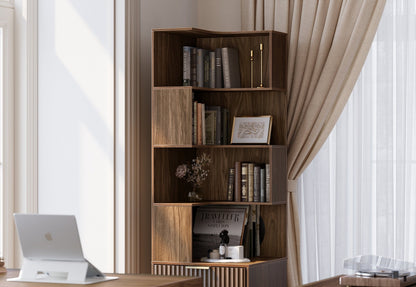 70" Desk + 6 Tier Corner Bookshelf / Fluted - Dark Walnut - 