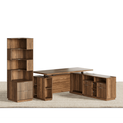 70" Desk + 6 Tier Corner Bookshelf / Fluted - Dark Walnut - 