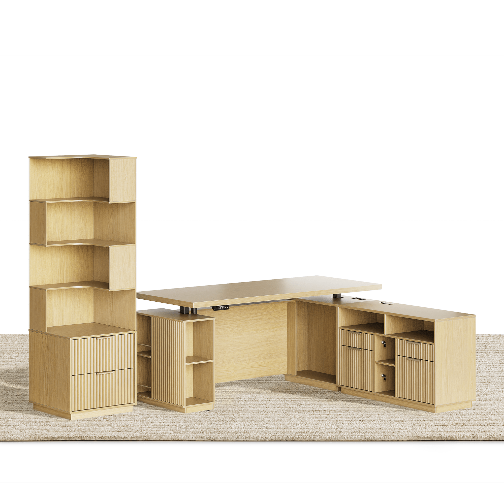 70" Desk + 6 Tier Corner Bookshelf / Fluted - Natural Oak - 