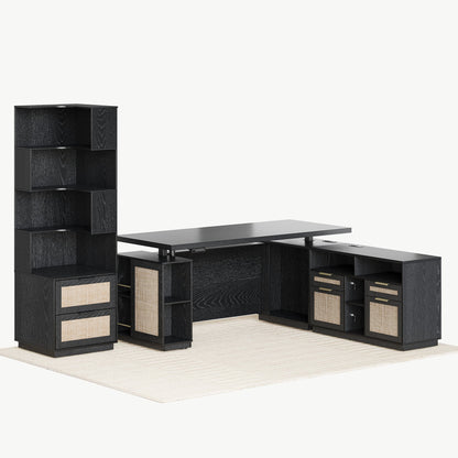 70" Desk + 6 Tier Corner Bookshelf / Rattan - Black - 