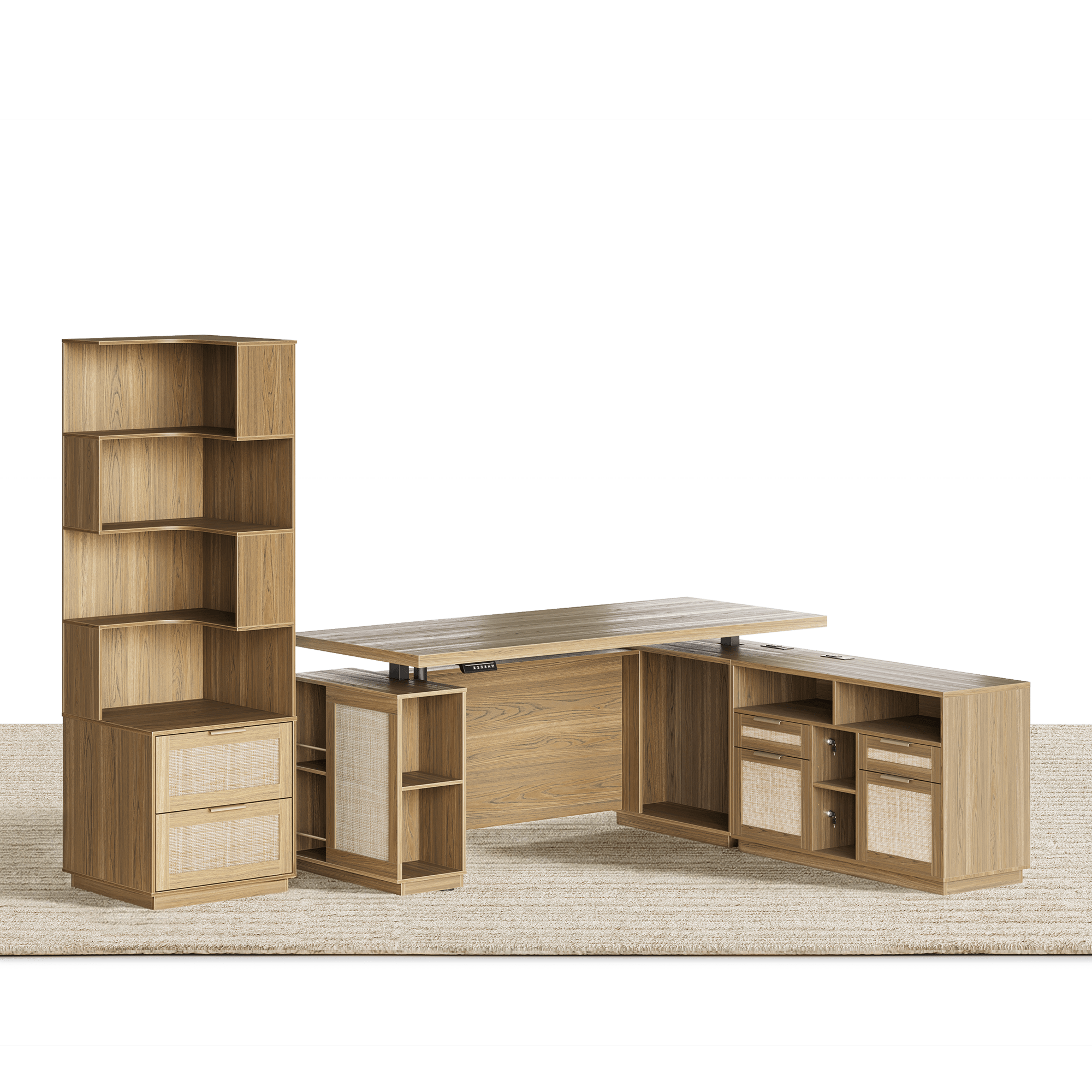 70" Desk + 6 Tier Corner Bookshelf / Rattan - Light Walnut - 