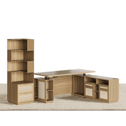 70" Desk + 6 Tier Corner Bookshelf / Rattan - Light Walnut - 