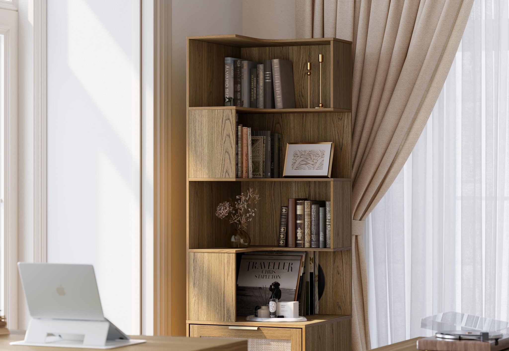 70" Desk + 6 Tier Corner Bookshelf / Rattan - Light Walnut - 