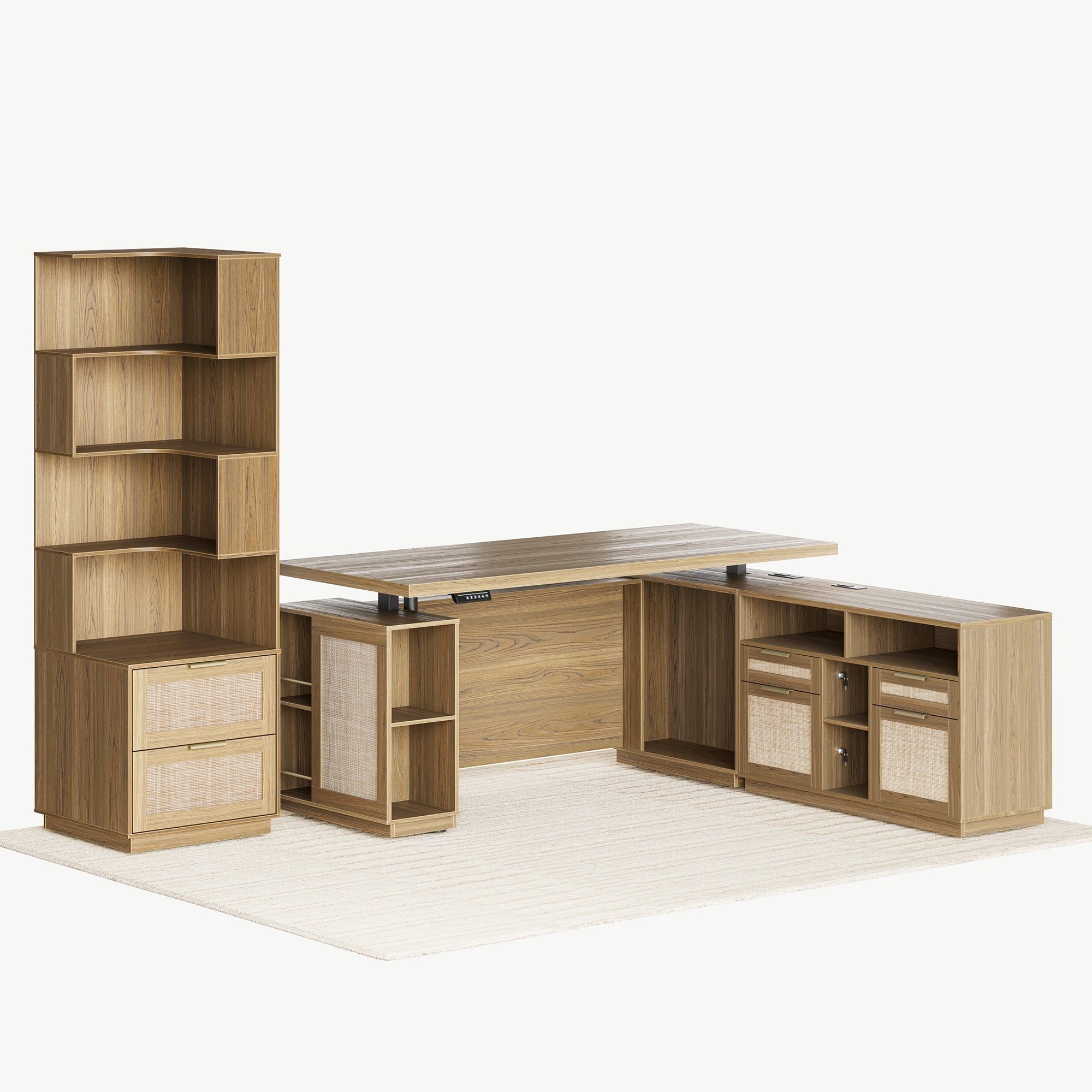 70" Desk + 6 Tier Corner Bookshelf / Rattan - Light Walnut - 