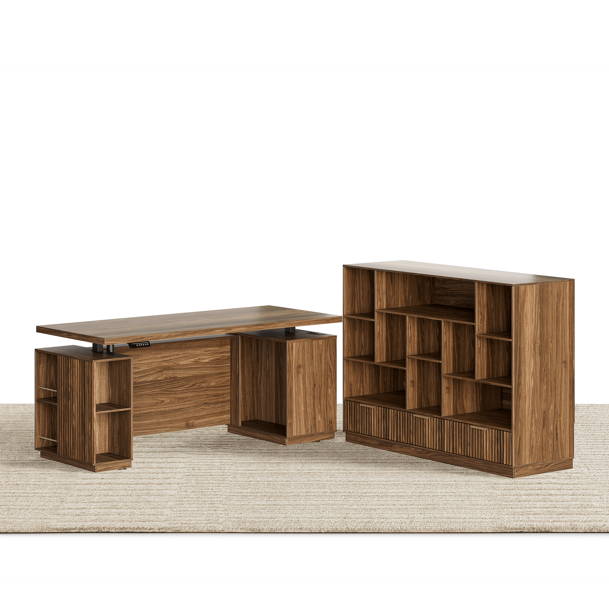 70" Desk + 60" Wide Bookshelf / Fluted - Dark Walnut - 