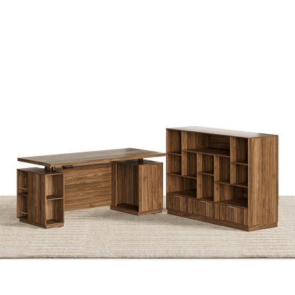 70" Desk + 60" Wide Bookshelf / Fluted - Dark Walnut - 