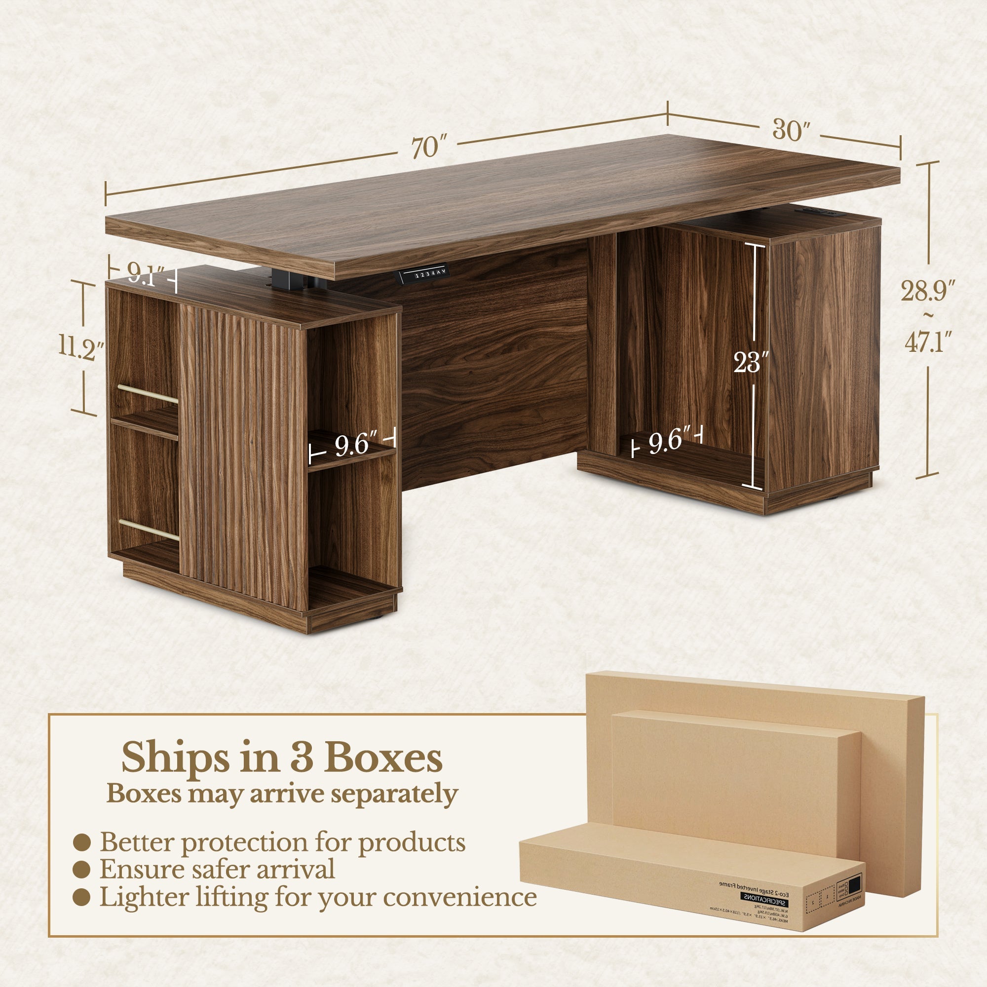 70" Desk + 60" Wide Bookshelf / Fluted - Dark Walnut - 