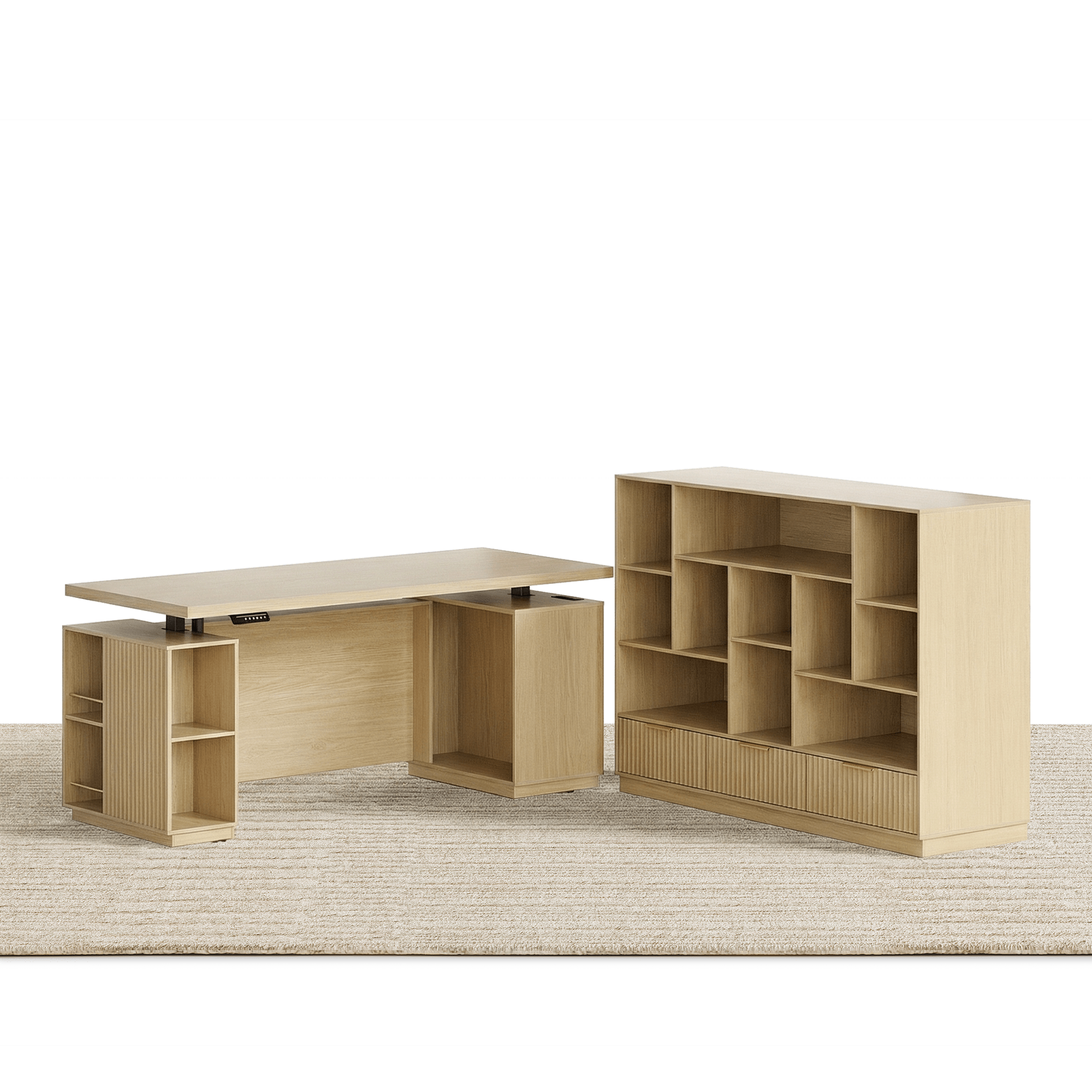 70" Desk + 60" Wide Bookshelf / Fluted - Natural Oak - 