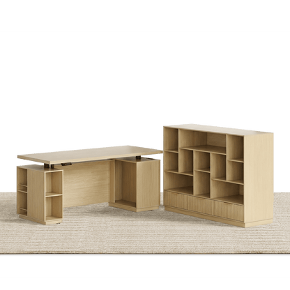 70" Desk + 60" Wide Bookshelf / Fluted - Natural Oak - 