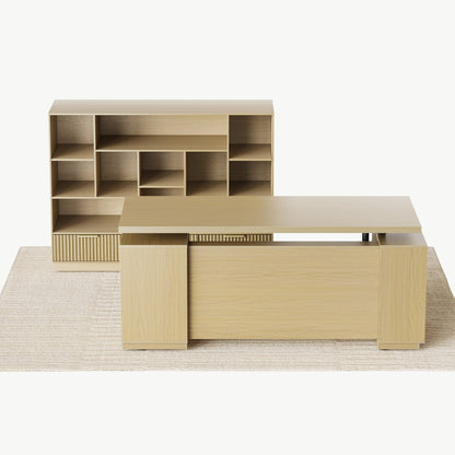 70" Desk + 60" Wide Bookshelf / Fluted - Natural Oak - 