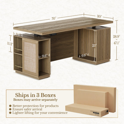 70" Desk + 60" Wide Bookshelf / Rattan - Light Walnut - 