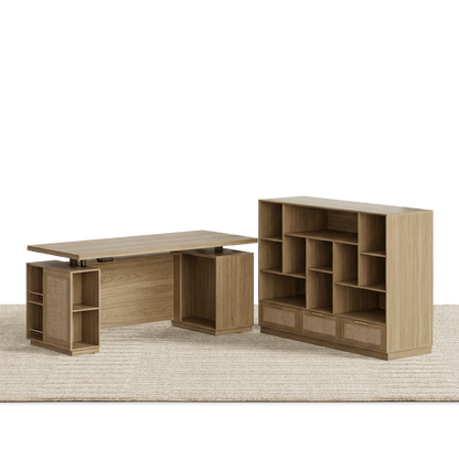 70" Desk + 60" Wide Bookshelf / Rattan - Light Walnut - 