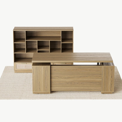 70" Desk + 60" Wide Bookshelf / Rattan - Light Walnut - 