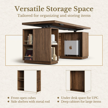 70'' Desk + 73'' Corner Bookshelf/ Fluted - Dark Walnut - 