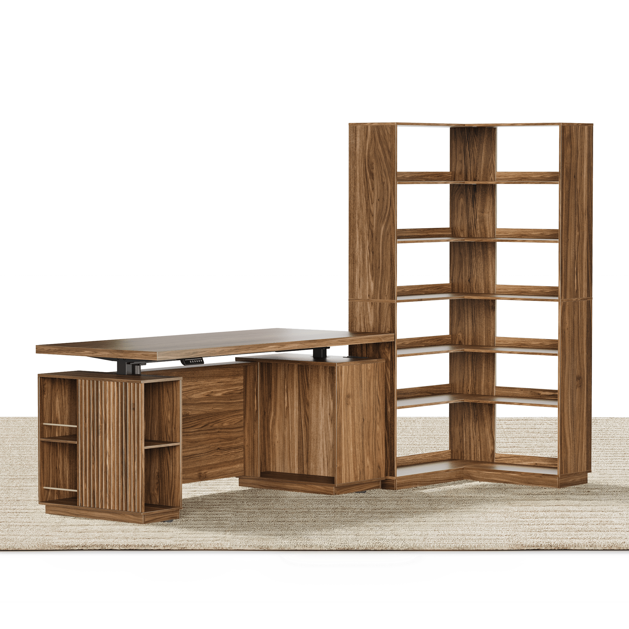 70'' Desk + 73'' Corner Bookshelf/ Fluted - Dark Walnut - 