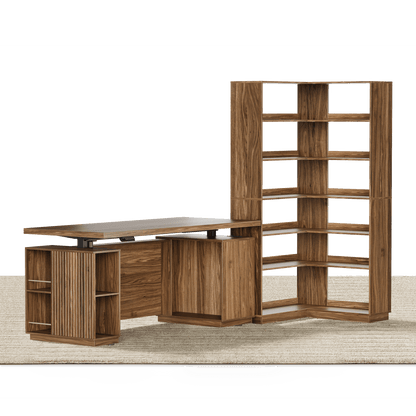 70'' Desk + 73'' Corner Bookshelf/ Fluted - Dark Walnut - 