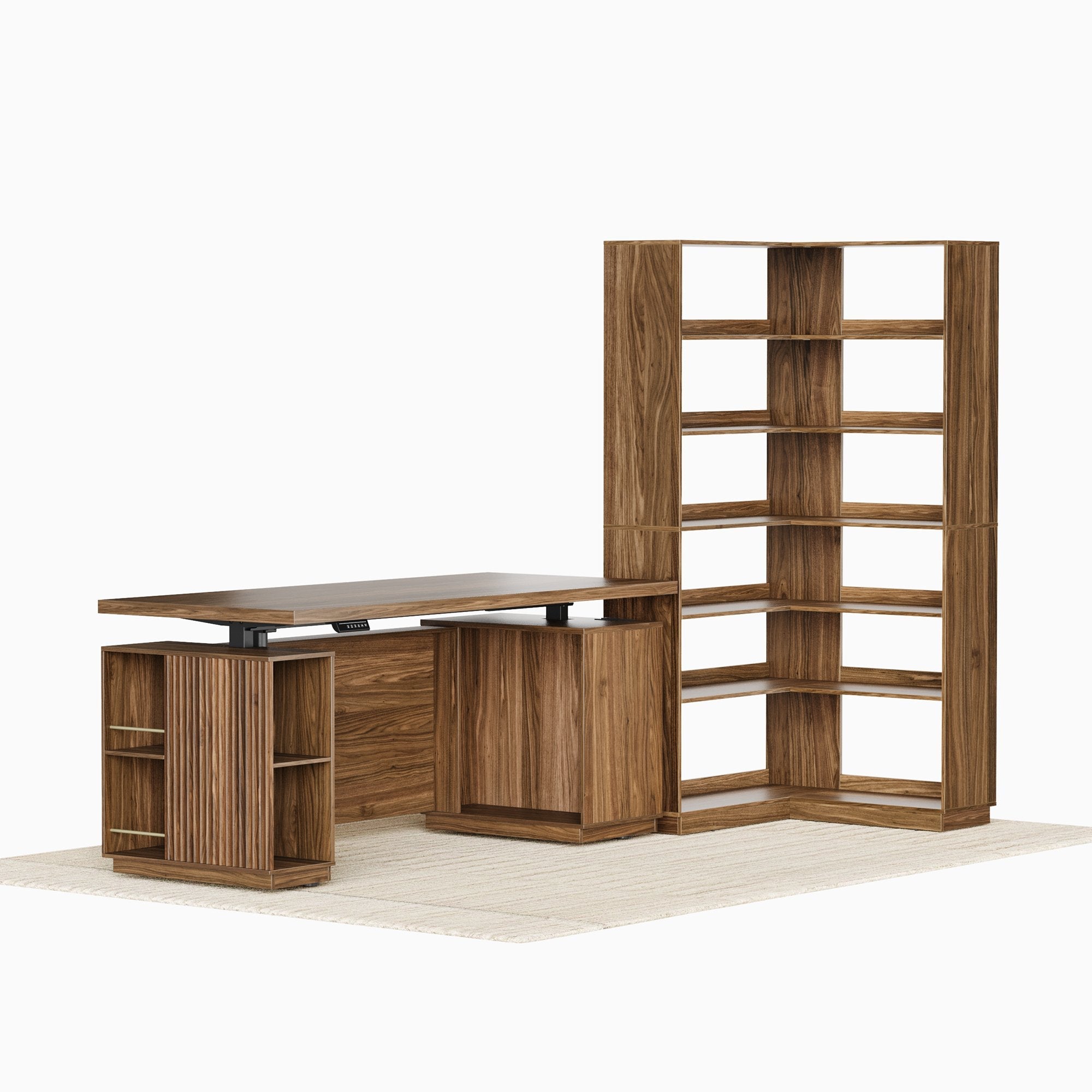 70'' Desk + 73'' Corner Bookshelf/ Fluted - Dark Walnut - 