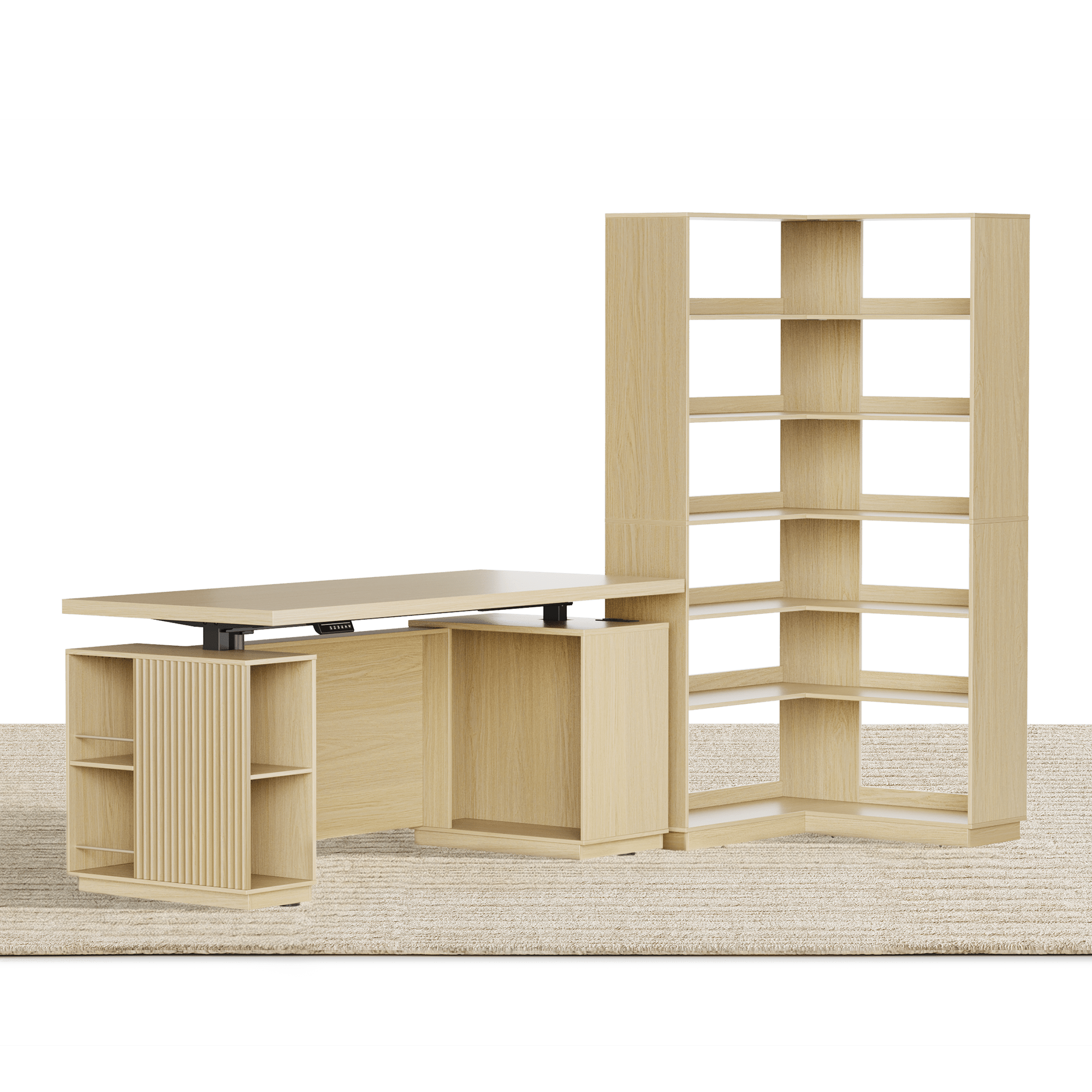 70'' Desk + 73'' Corner Bookshelf/ Fluted - Natural Oak - 