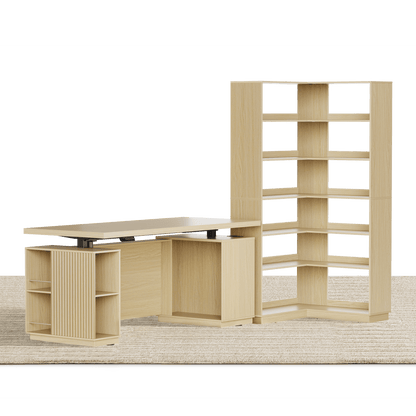 70'' Desk + 73'' Corner Bookshelf/ Fluted - Natural Oak - 