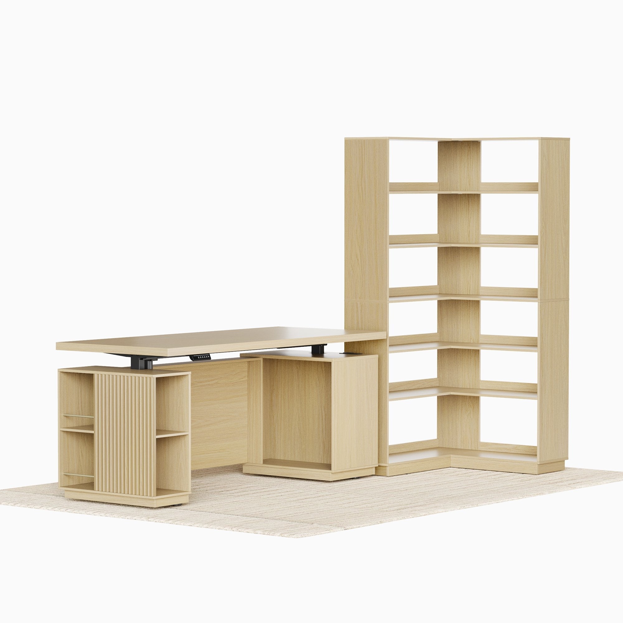 70'' Desk + 73'' Corner Bookshelf/ Fluted - Natural Oak - 