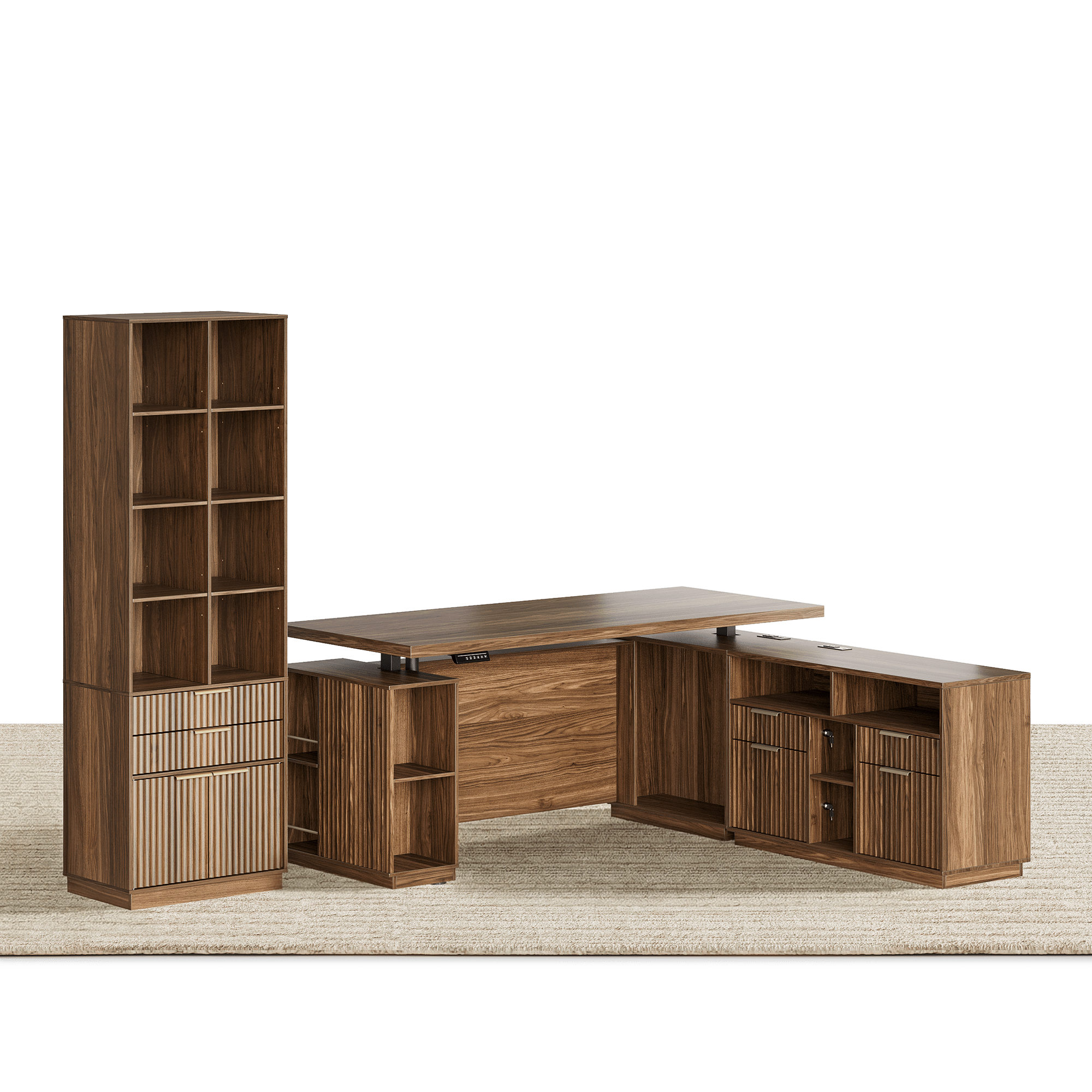 70" Desk + 73" Tall Fluted Bookshelf / Fluted - Dark Walnut - 