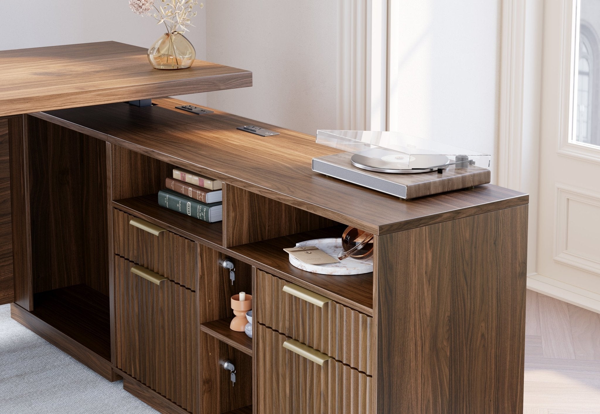 70" Desk + 73" Tall Fluted Bookshelf / Fluted - Dark Walnut - 