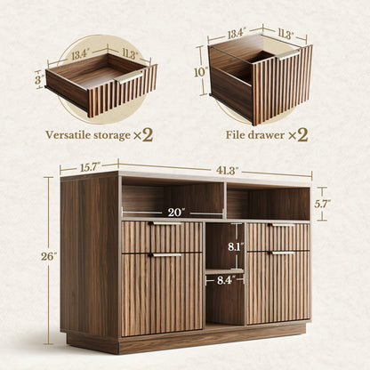 70" Desk + 73" Tall Fluted Bookshelf / Fluted - Dark Walnut - 