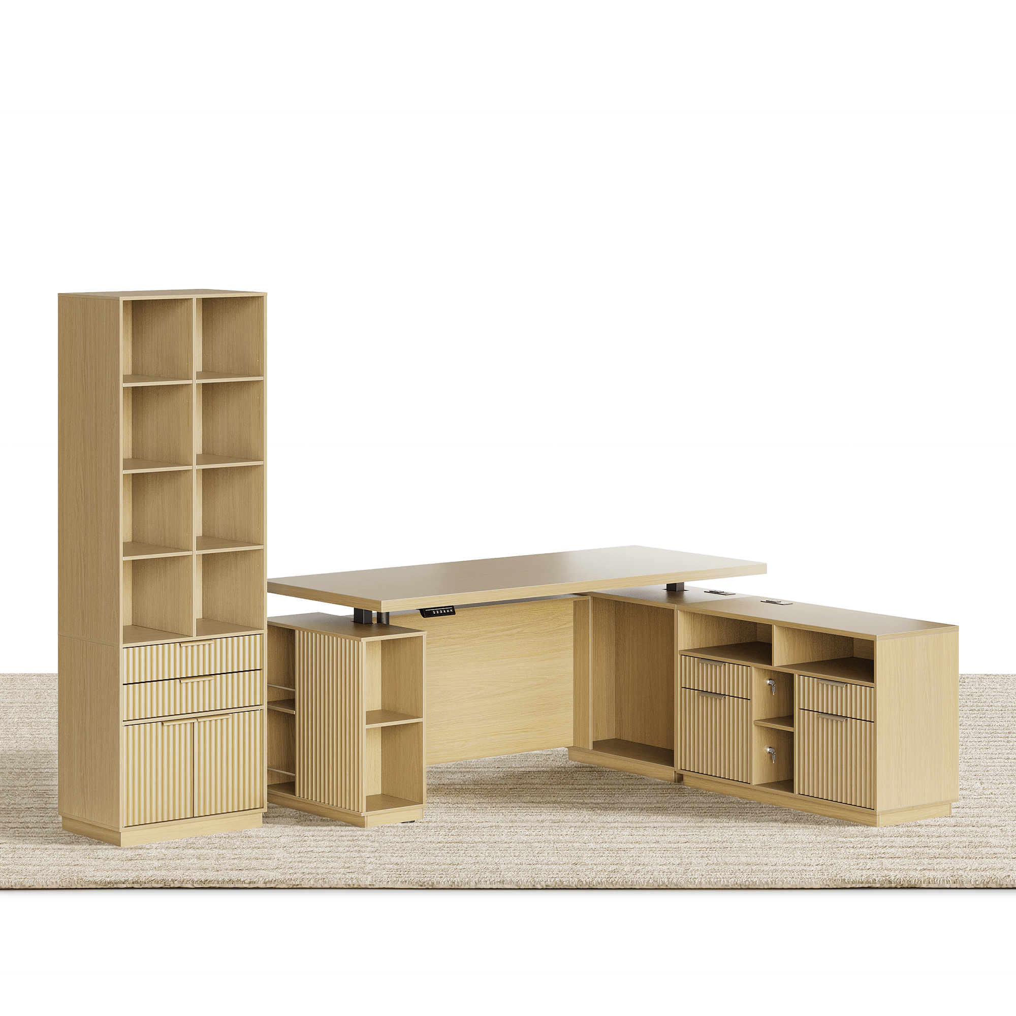 70" Desk + 73" Tall Fluted Bookshelf / Fluted - Natural Oak - 