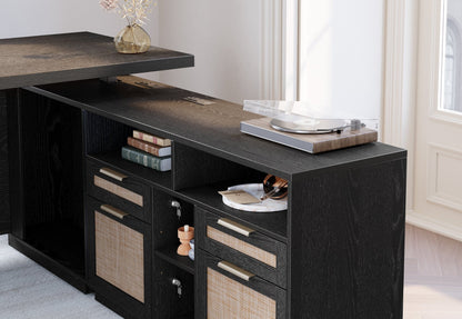 70" Desk + 73" Tall Fluted Bookshelf / Rattan - Black - 