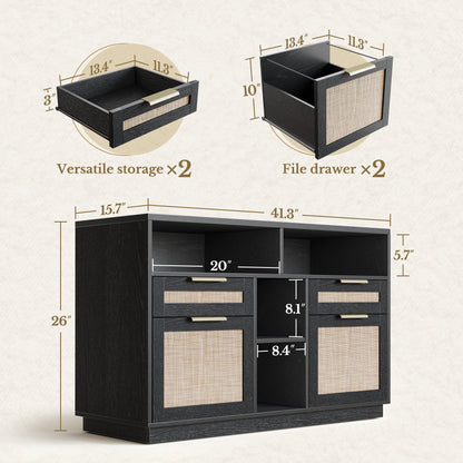 70" Desk + 73" Tall Fluted Bookshelf / Rattan - Black - 