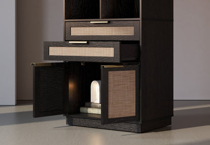 70" Desk + 73" Tall Fluted Bookshelf / Rattan - Black - 