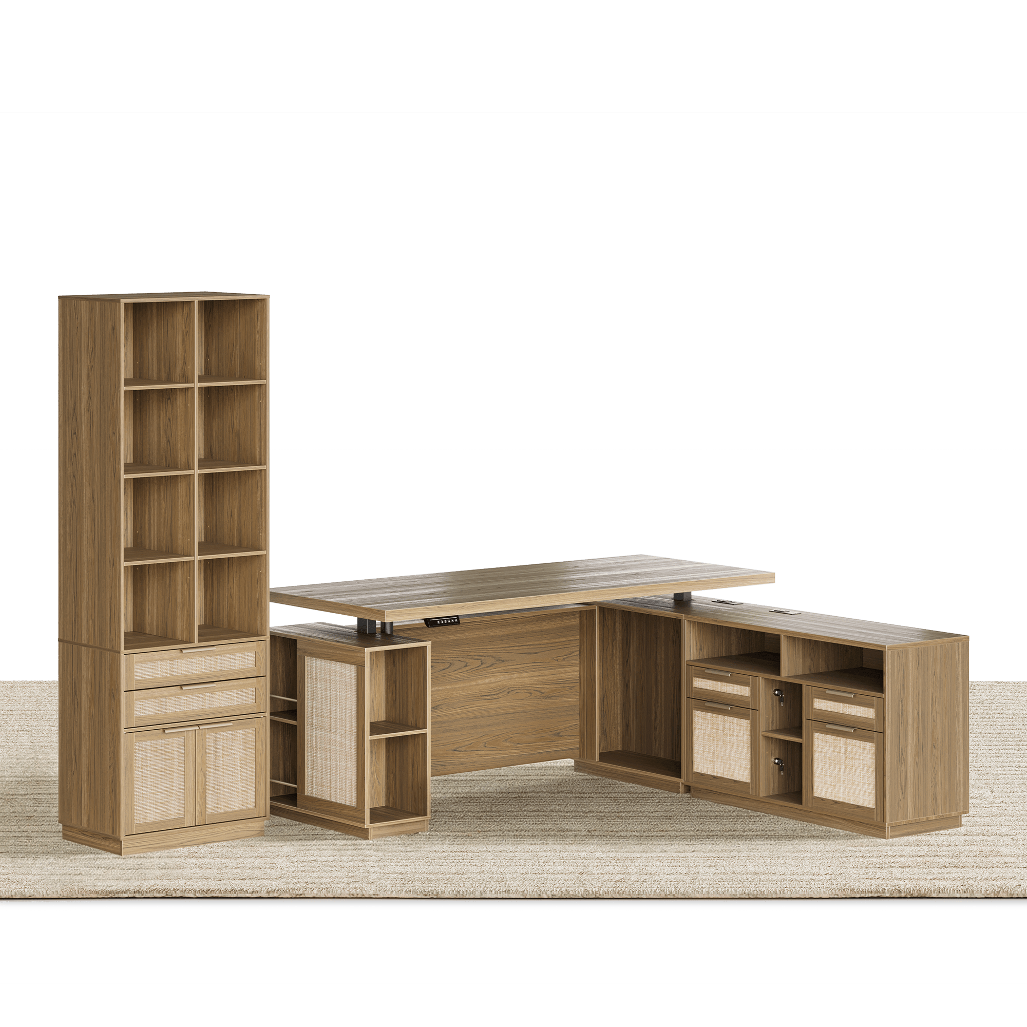 70" Desk + 73" Tall Fluted Bookshelf / Rattan - Light Walnut - 