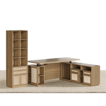 70" Desk + 73" Tall Fluted Bookshelf / Rattan - Light Walnut - 