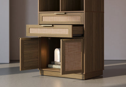 70" Desk + 73" Tall Fluted Bookshelf / Rattan - Light Walnut - 