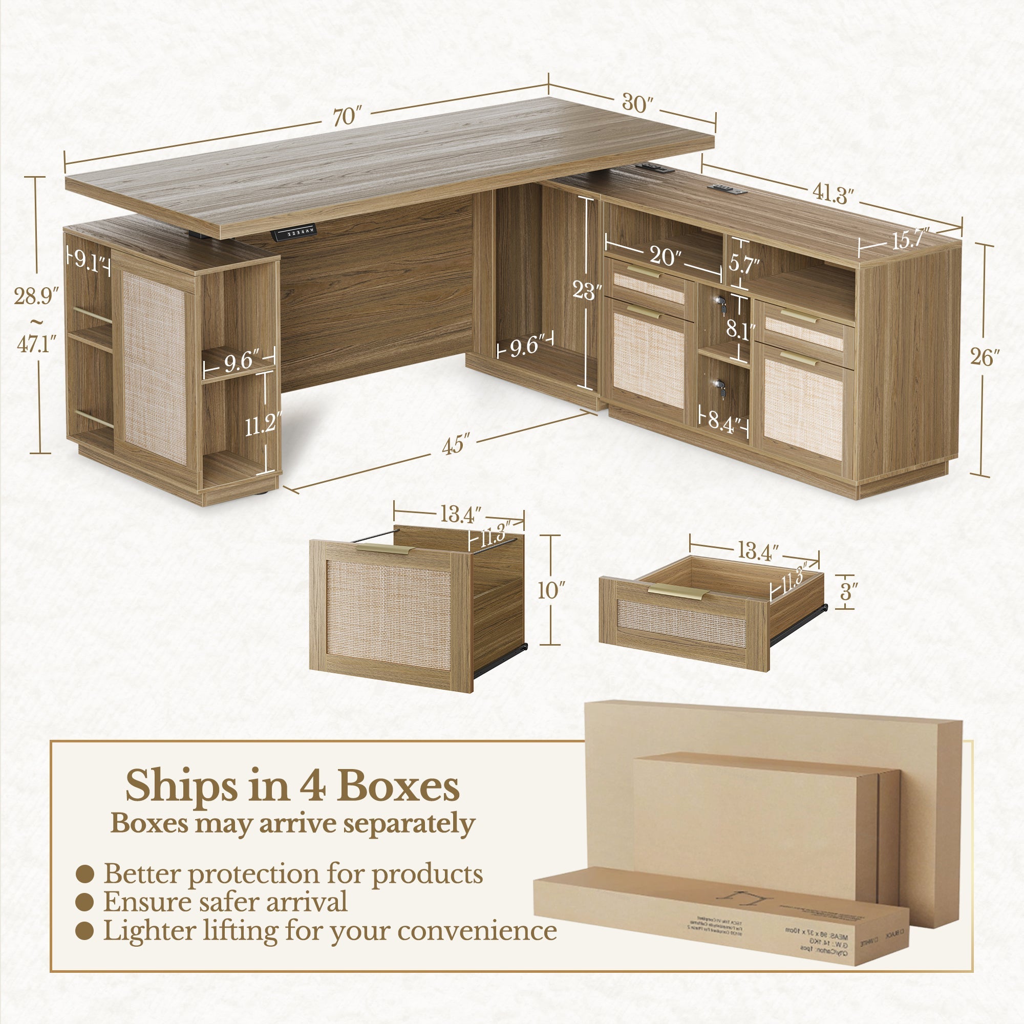 70" Desk · L - shaped + 2 - Drawer File Cabinet + 73" Tall Bookshelf / Rattan - Light Walnut - 