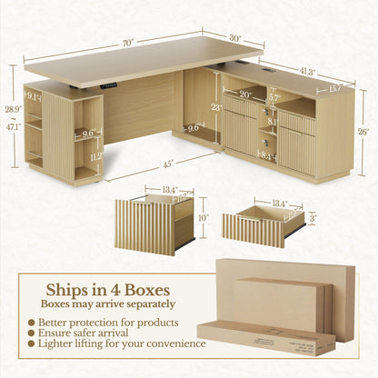 70" Desk · L - shaped + 2 - Drawer File Cabinet / Fluted - Natural Oak - 