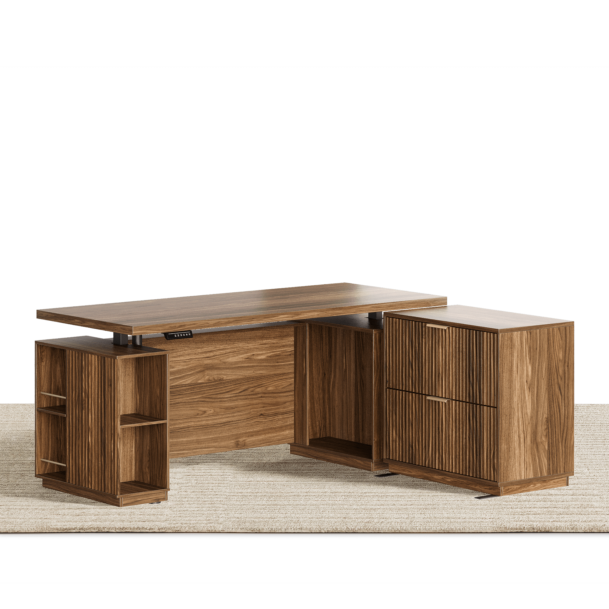 70" Desk · Straight + 2 - Drawer File Cabinet / Fluted - Dark Walnut - 