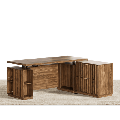 70" Desk · Straight + 2 - Drawer File Cabinet / Fluted - Dark Walnut - 