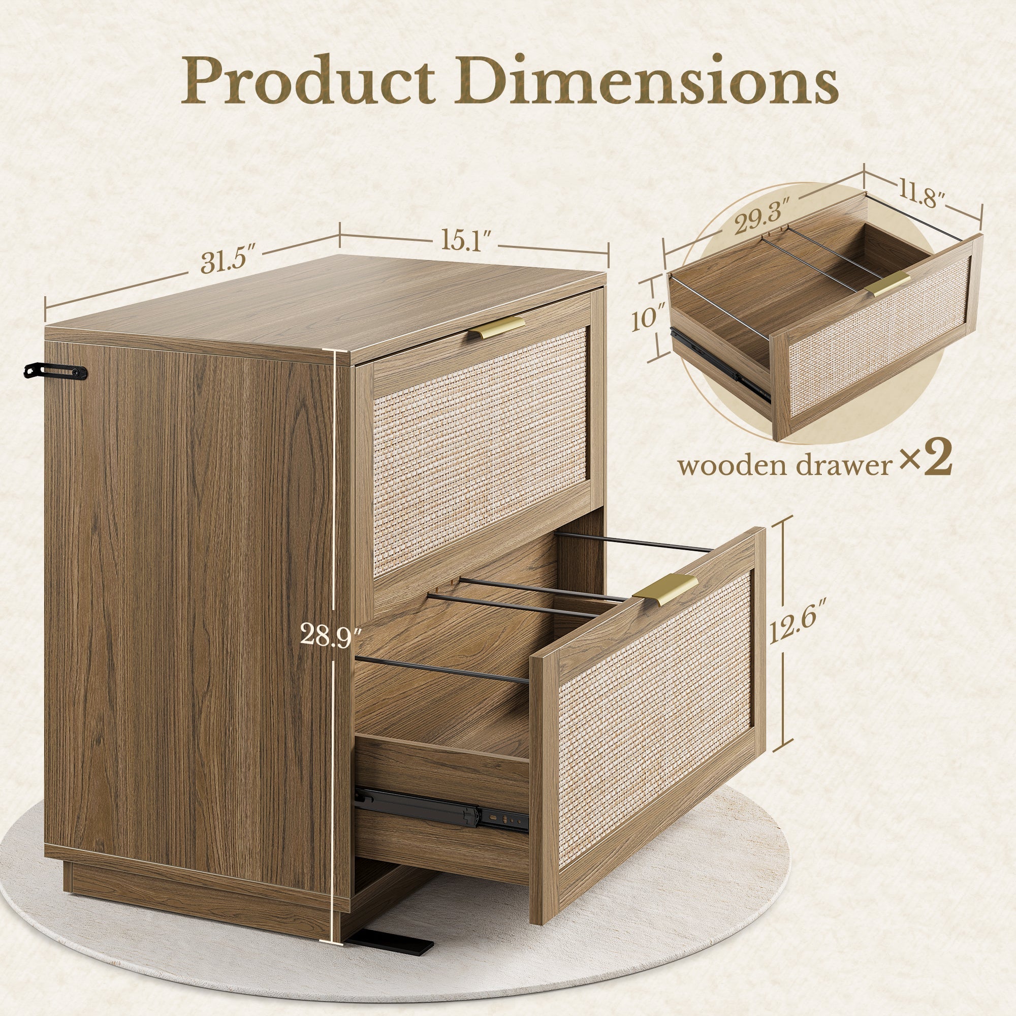 70" Desk · Straight + 2 - Drawer File Cabinet / Rattan - Light Walnut - 