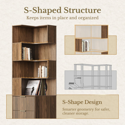 70" Desk · Straight + 71" Corner Bookshelf + Charging Printer Cabinet / Fluted - Dark Walnut - 