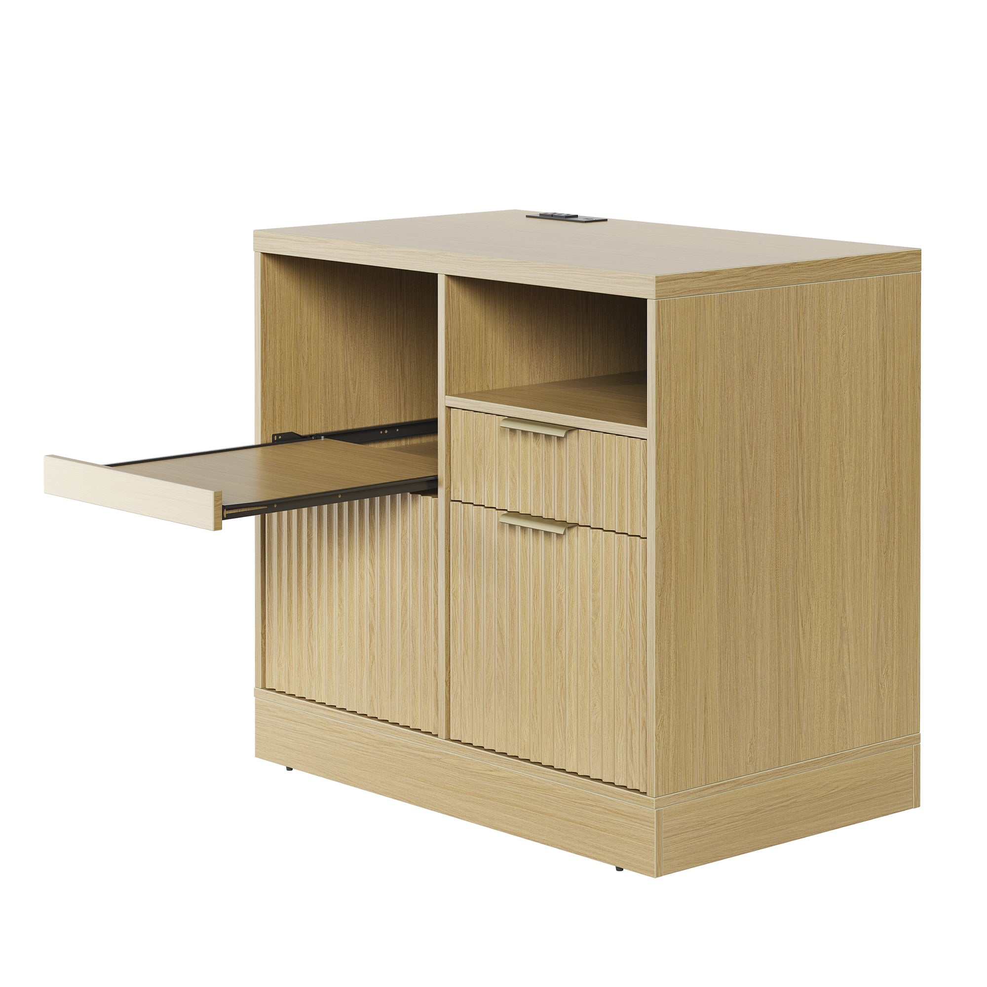 70" Desk · Straight + 71" Corner Bookshelf + Charging Printer Cabinet / Fluted - Natural Oak - 