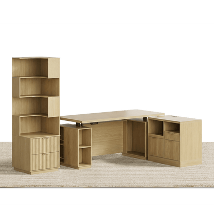 70" Desk · Straight + 71" Corner Bookshelf + Charging Printer Cabinet / Fluted - Natural Oak - 