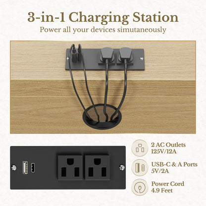 70" Desk · Straight + 71" Corner Bookshelf + Charging Printer Cabinet / Fluted - Natural Oak - 