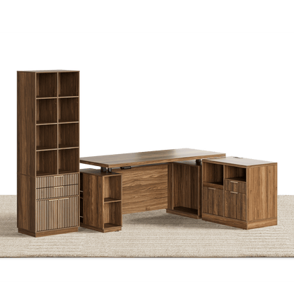 70" Desk · Straight + 73" Tall Bookshelf + Charging Printer Cabinet / Fluted - Dark Walnut - 