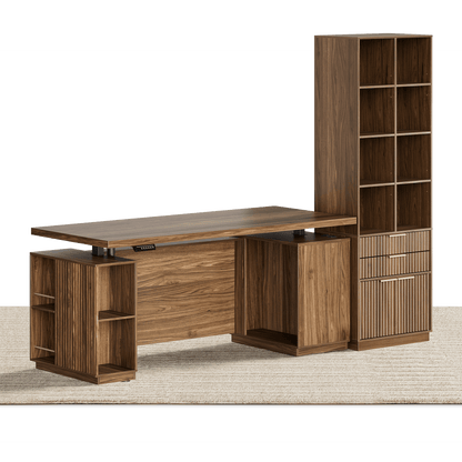 70" Desk · Straight + 73" Tall Bookshelf / Fluted - Dark Walnut - 